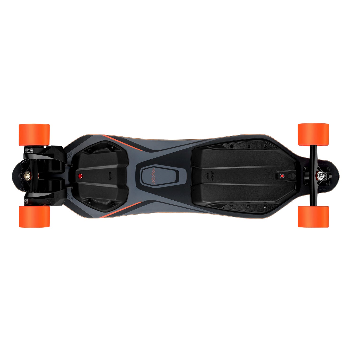 Top view of Meepo Voyager skateboard with sleek black deck and orange wheels.