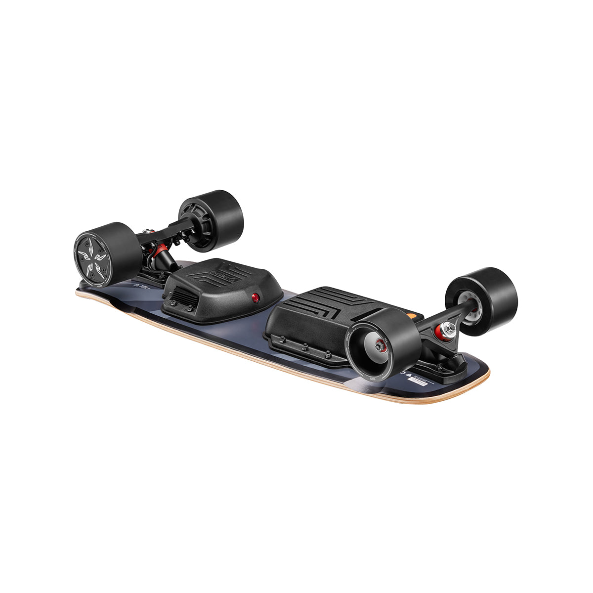 Underneath view of Meepo Atom skateboard highlighting dual motors and sturdy build.