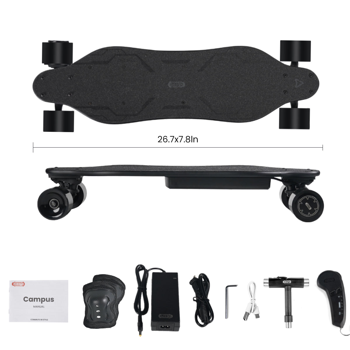 MEEPO Campus electric skateboard with charger, tools, and protective gear
