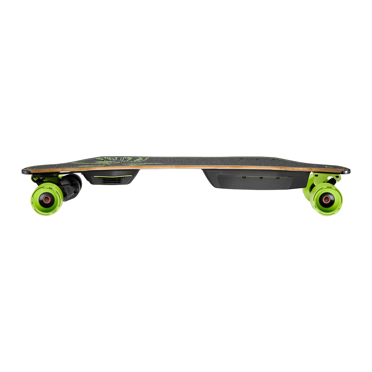 Meepo Envy skateboard side view with vibrant green wheels and bamboo deck.