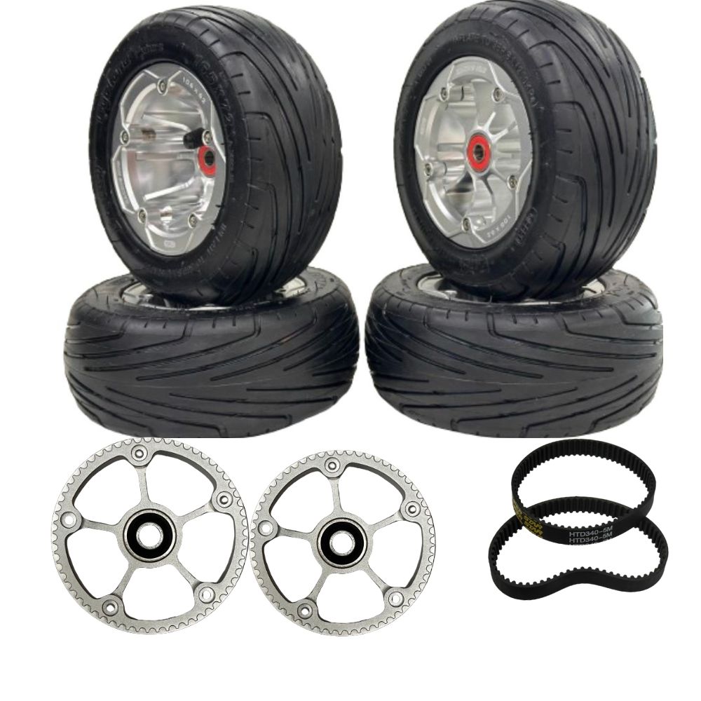 Cyclone 165s tubeless tire set with wheels, pulleys, and belts for electric skateboards