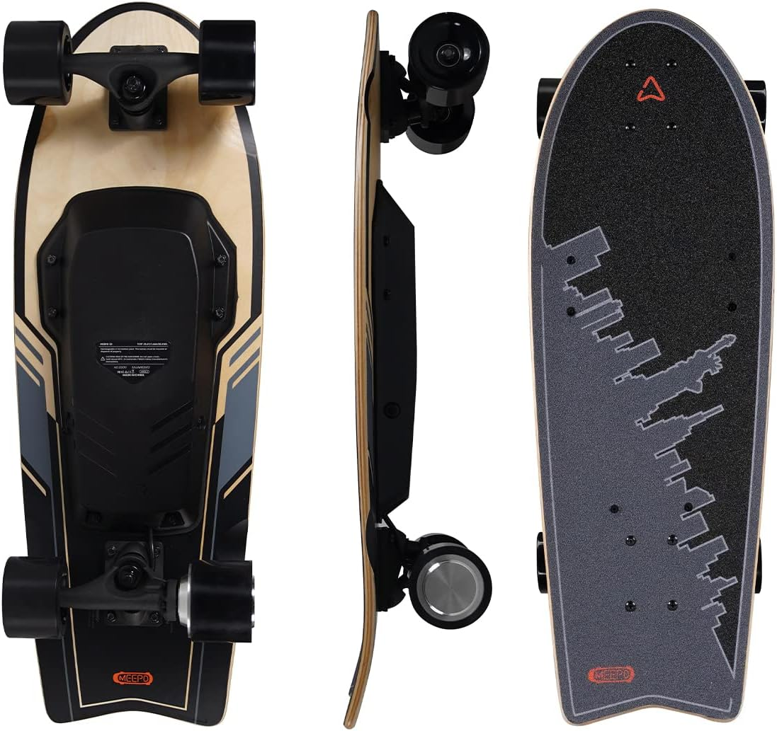 Top and side views of Meepo Q1 electric skateboard with urban design.