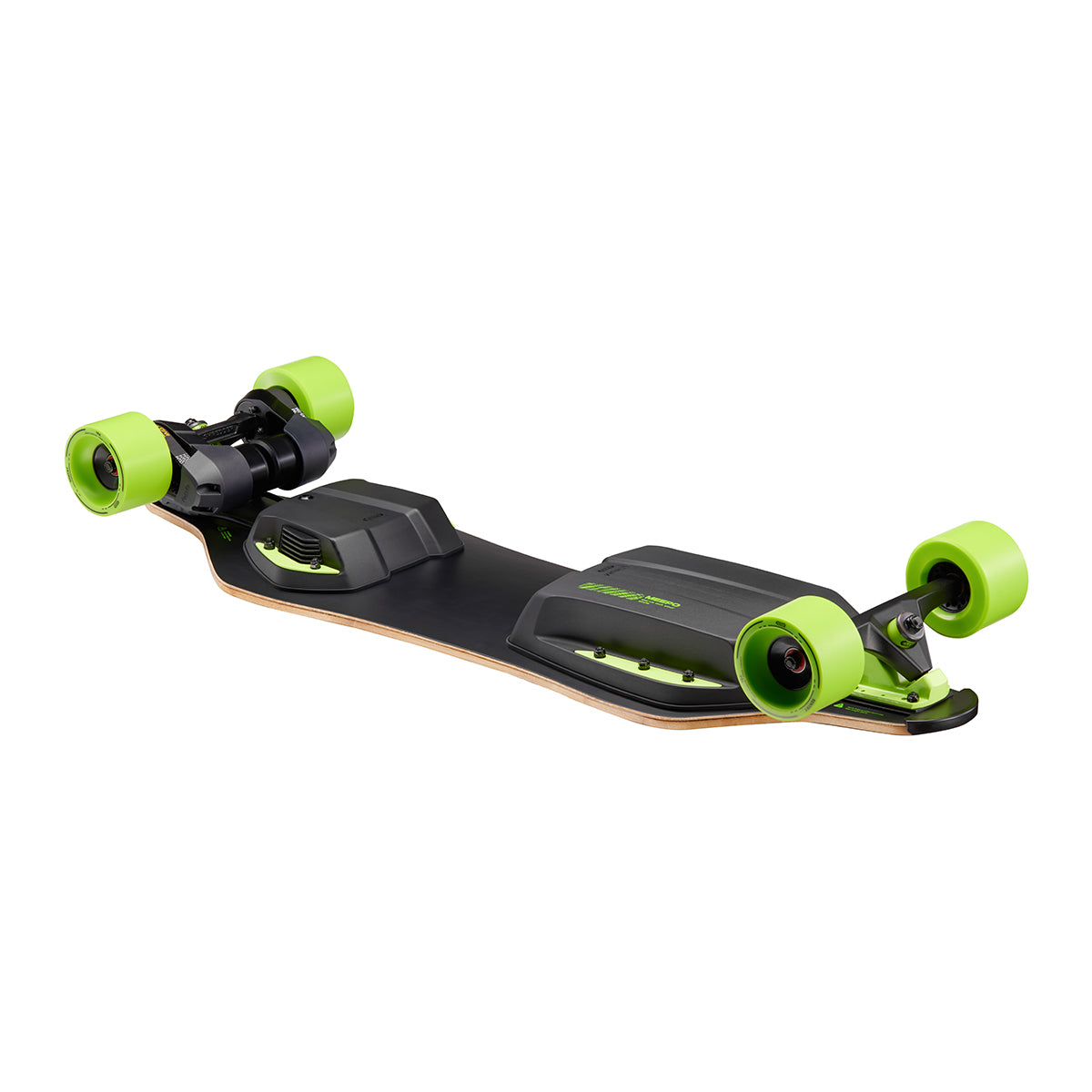 Meepo Envy skateboard with green wheels on a black deck.