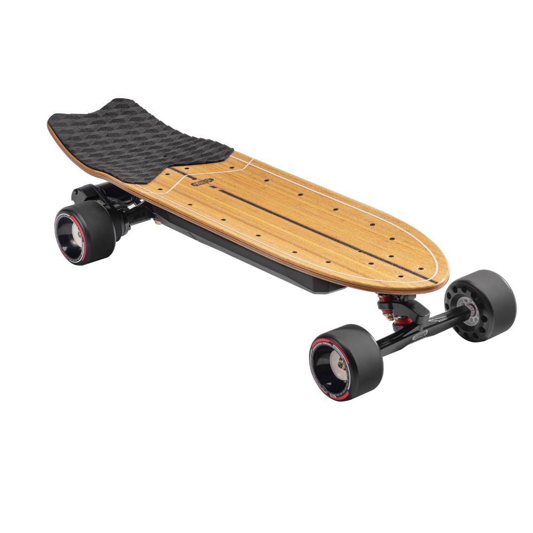 Meepo refurbished electric skateboard with bamboo deck and black grip tape.