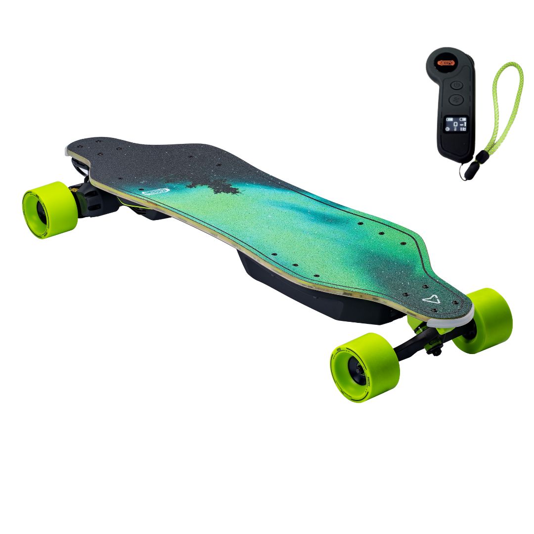 Refurbished Meepo electric skateboard with gradient green deck and large green wheels.