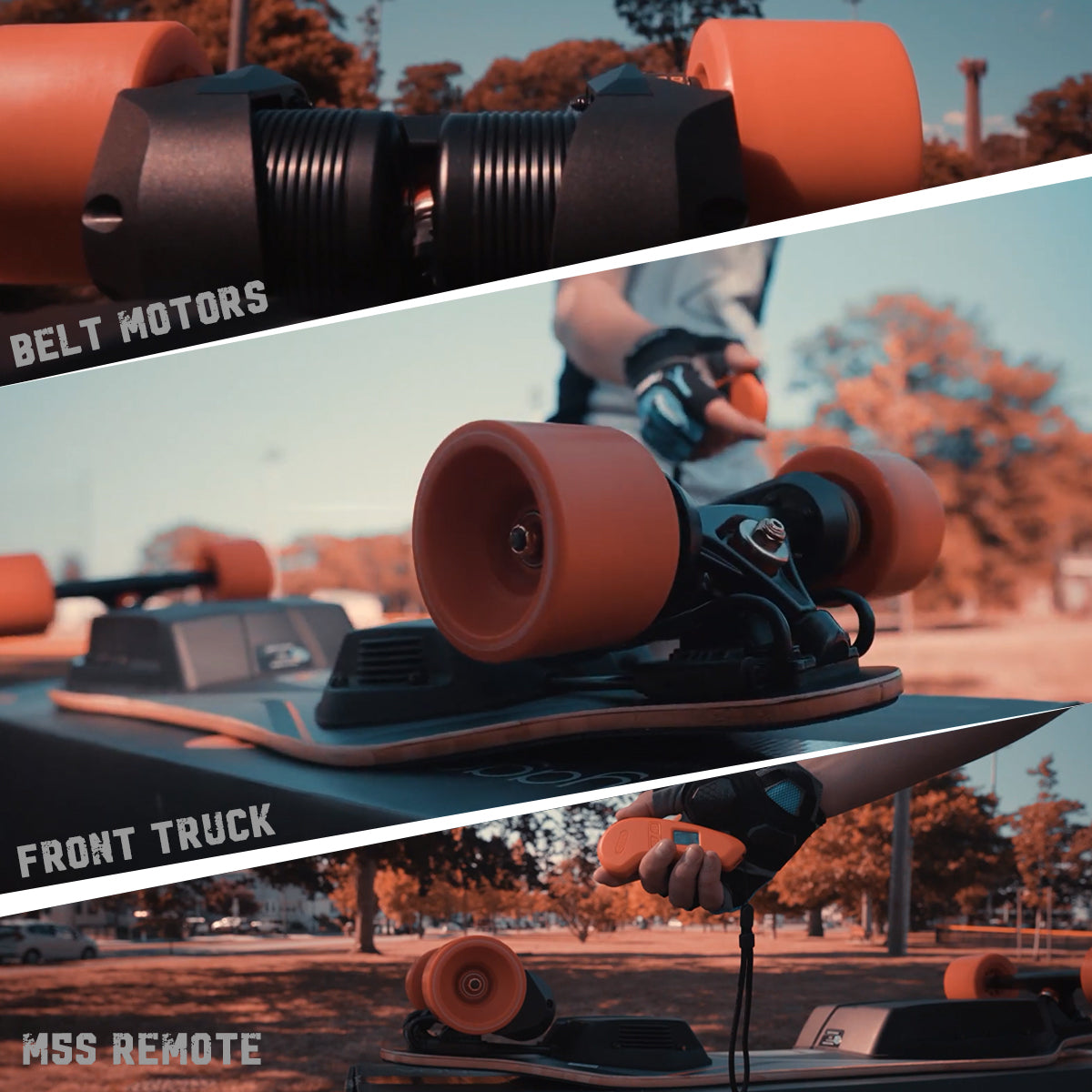Close-up of Meepo Voyager skateboard showing belt motors, front truck, and MSS remote.