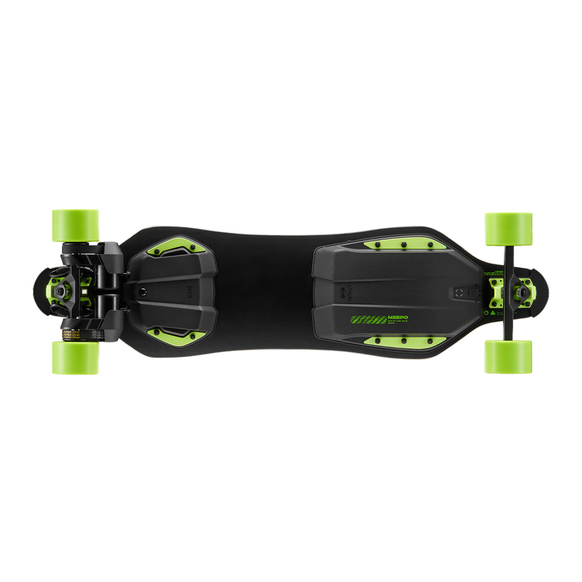 Top view of Meepo Envy skateboard with black deck and bright green wheels.