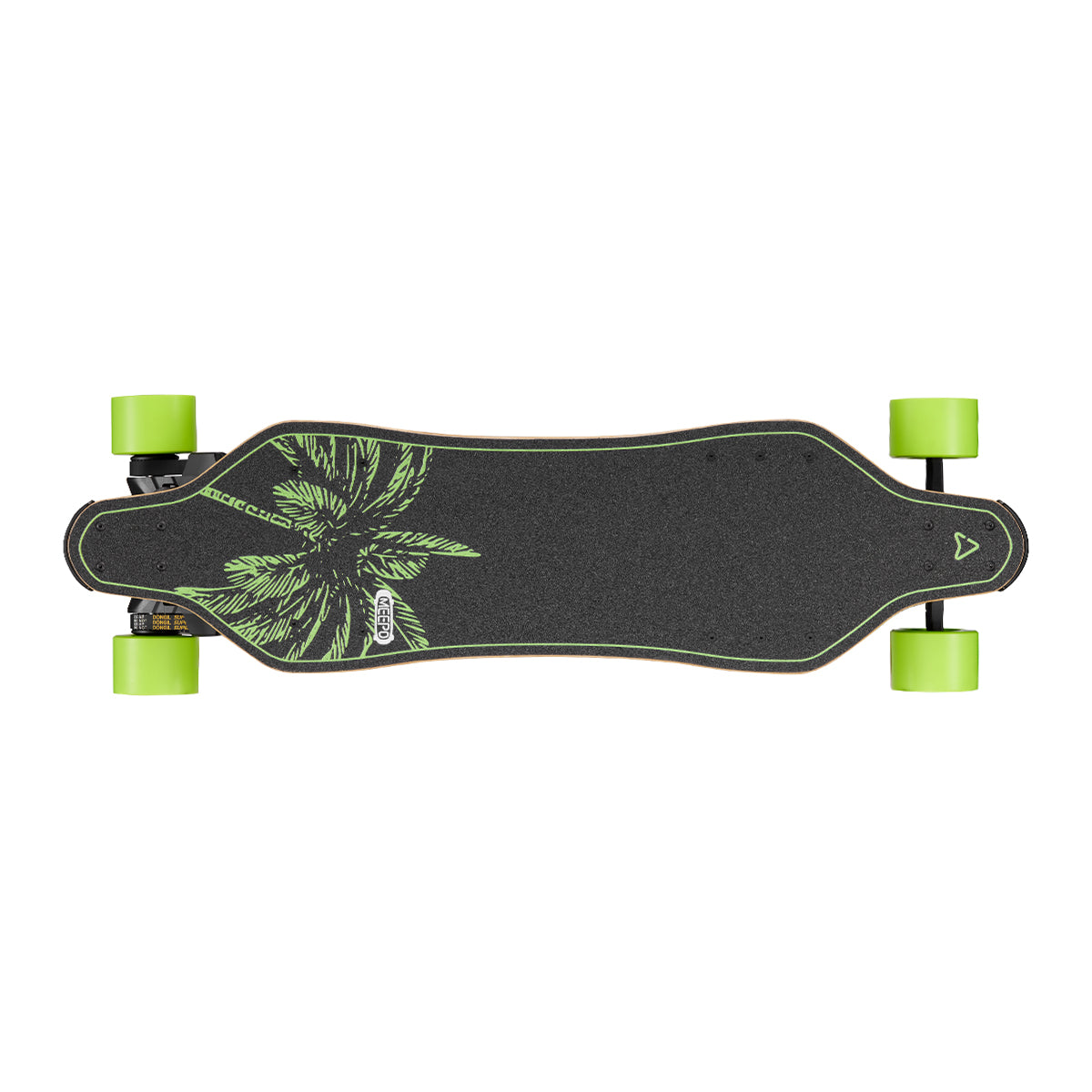 Meepo Envy skateboard top view with palm design and bright green wheels.