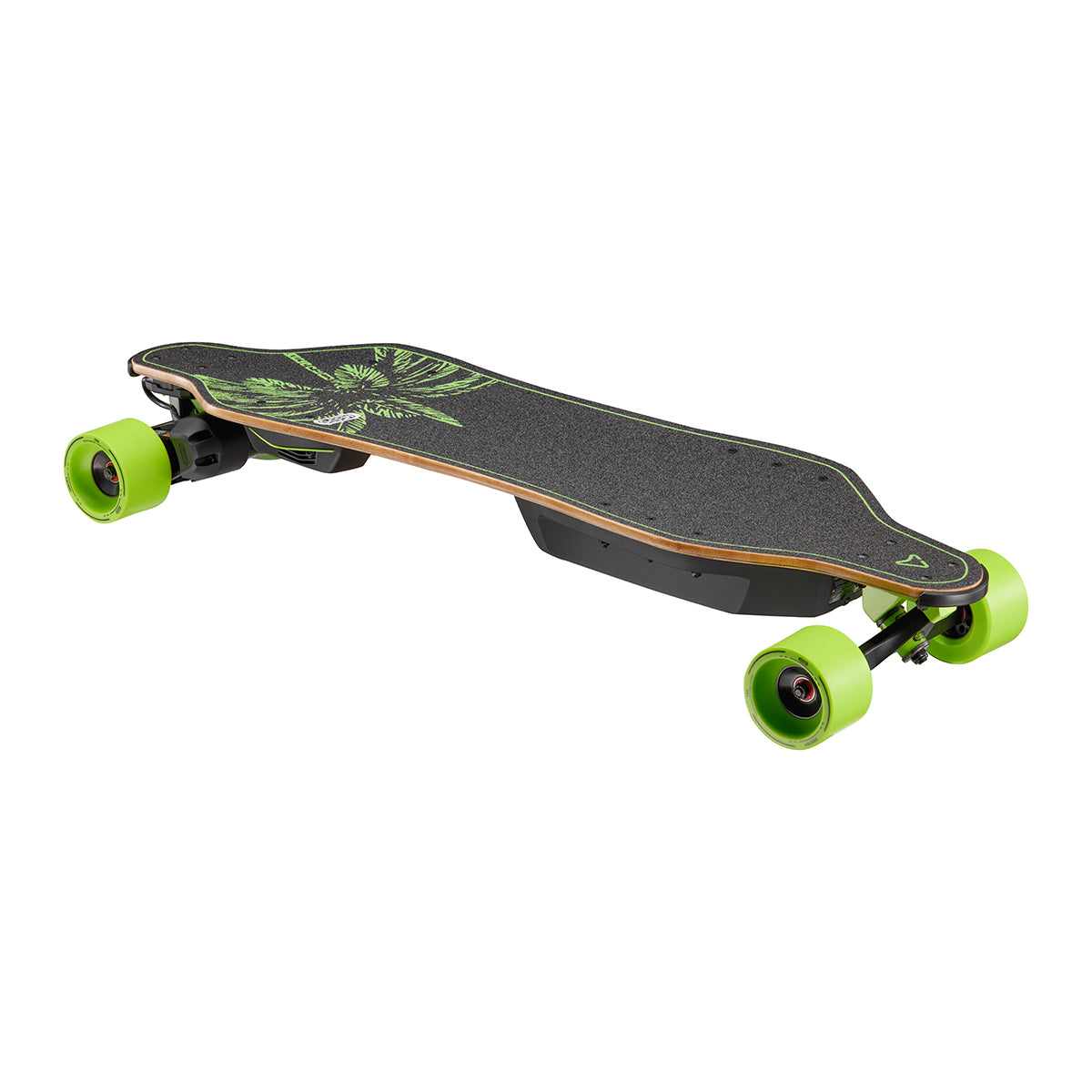 Meepo refurbished electric skateboard with black deck and green wheels.
