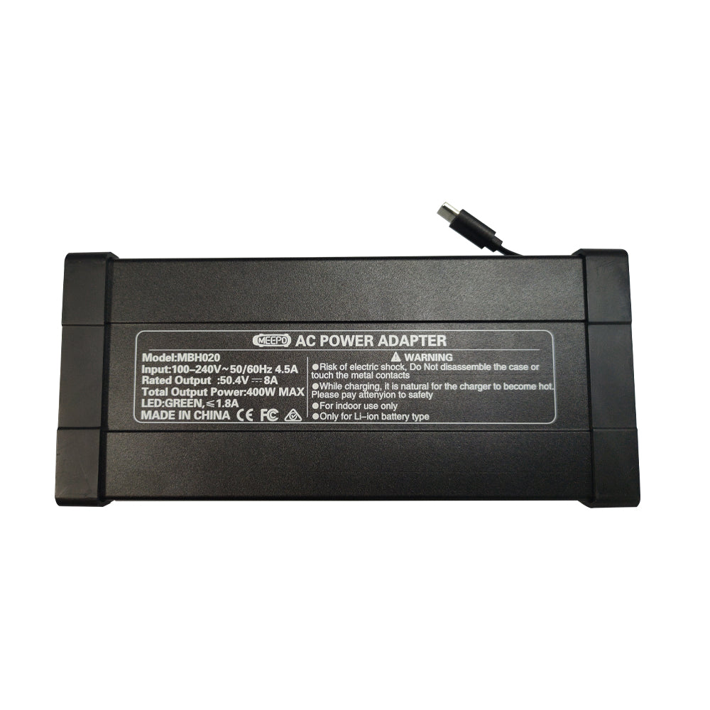 Meepo 50.4V Gan Charger with specifications and power adapter design.