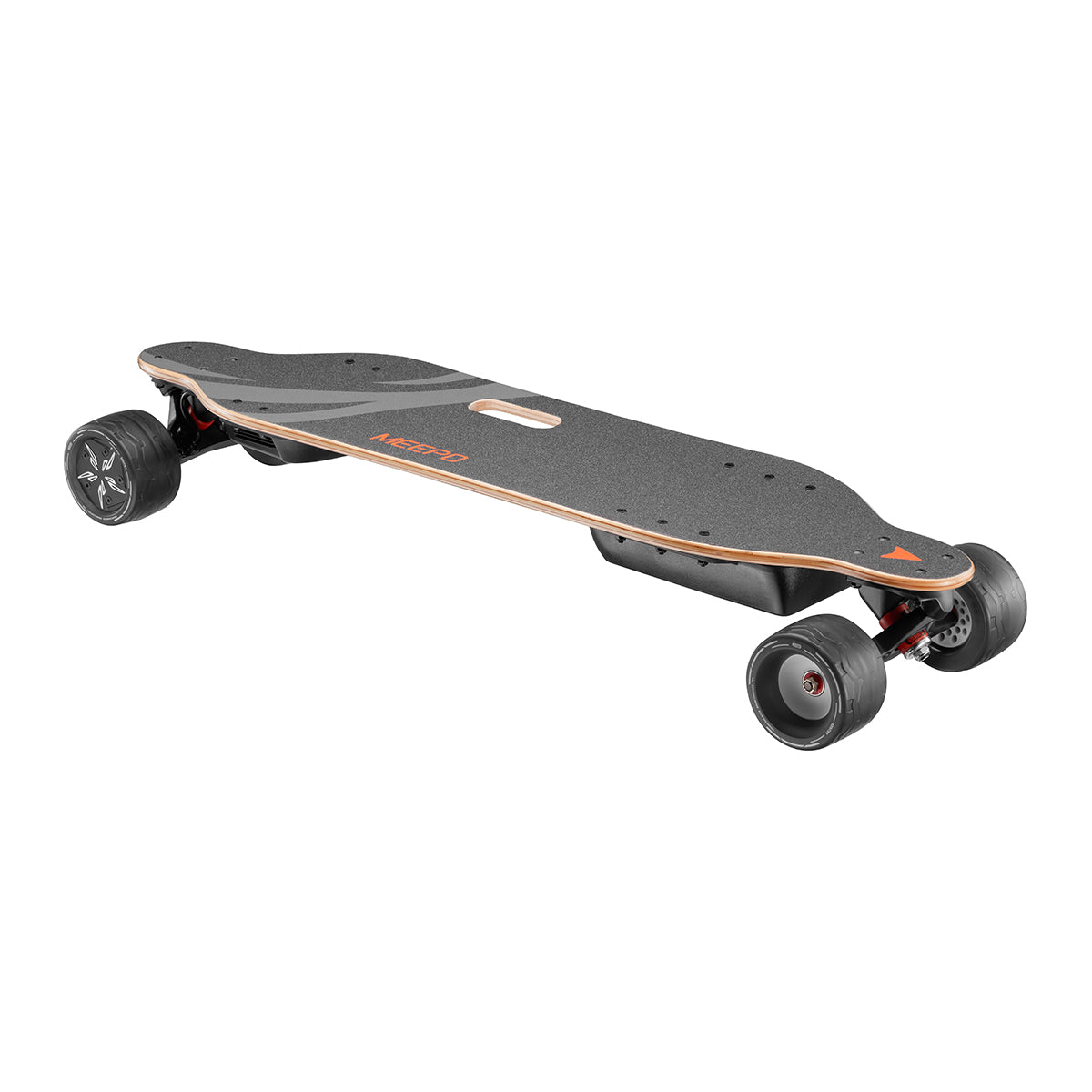 Meepo refurbished electric skateboard with sleek black deck and orange wheel highlights.
