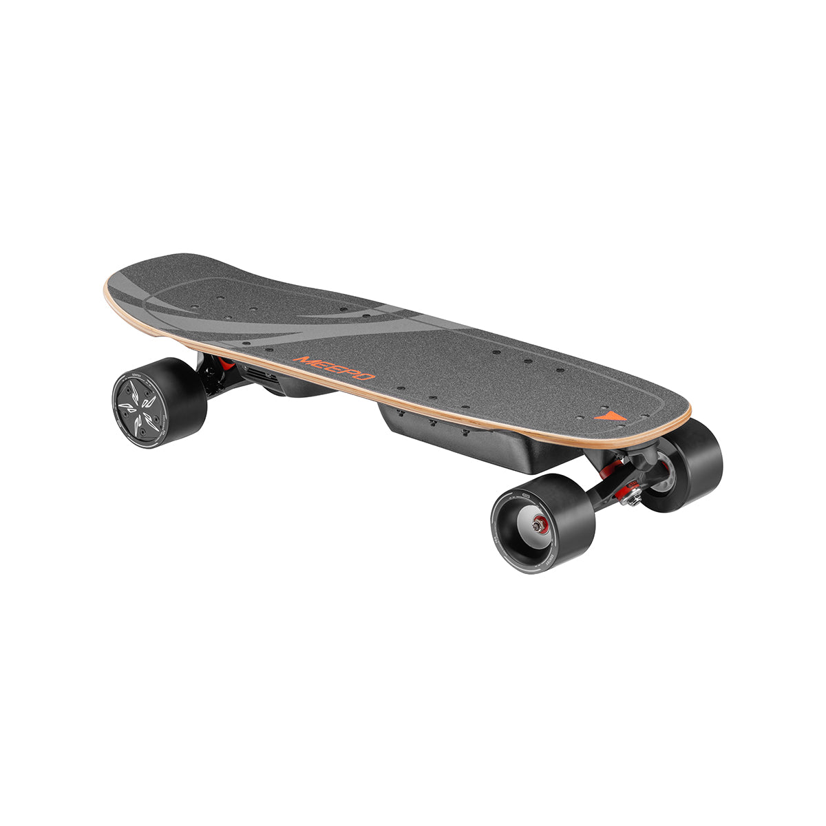 Meepo refurbished skateboard with textured black deck and large wheels at an angle.