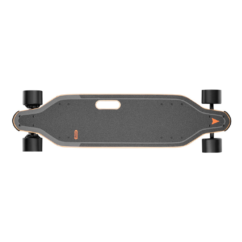 Top view of Meepo refurbished skateboard with textured black deck and large wheels.