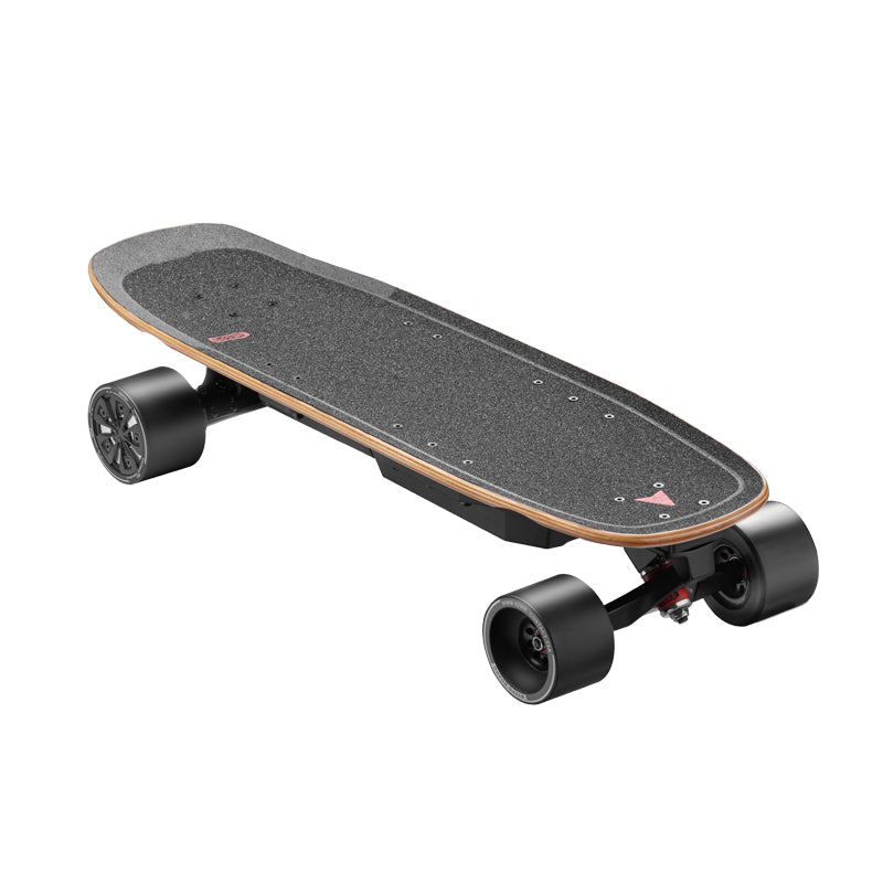 Meepo refurbished electric skateboard with textured black grip deck and large wheels.