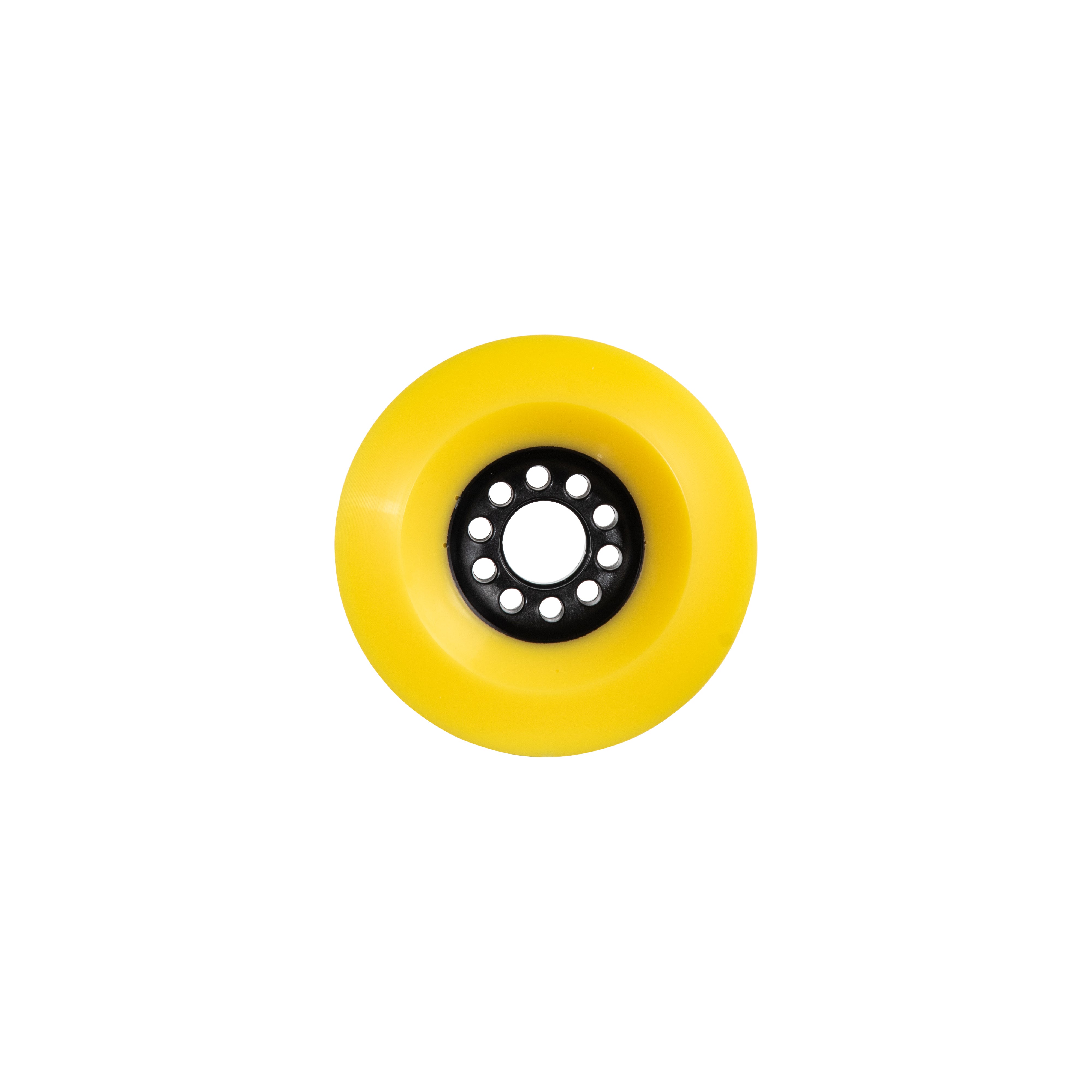 Top view of 100mm yellow Boa Constrictor longboard wheel with black hub