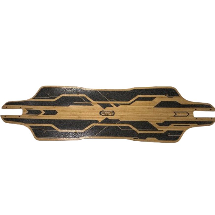 Top view of Meepo skateboard deck with wood finish and black graphic design.