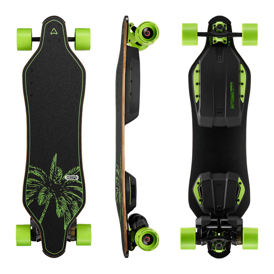 Meepo Envy skateboard with green wheels and bamboo deck design