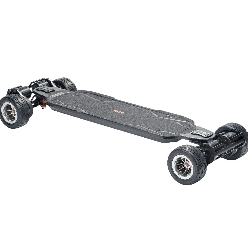Meepo Vader Hurricane Pro AWD electric skateboard top view with rugged wheels.