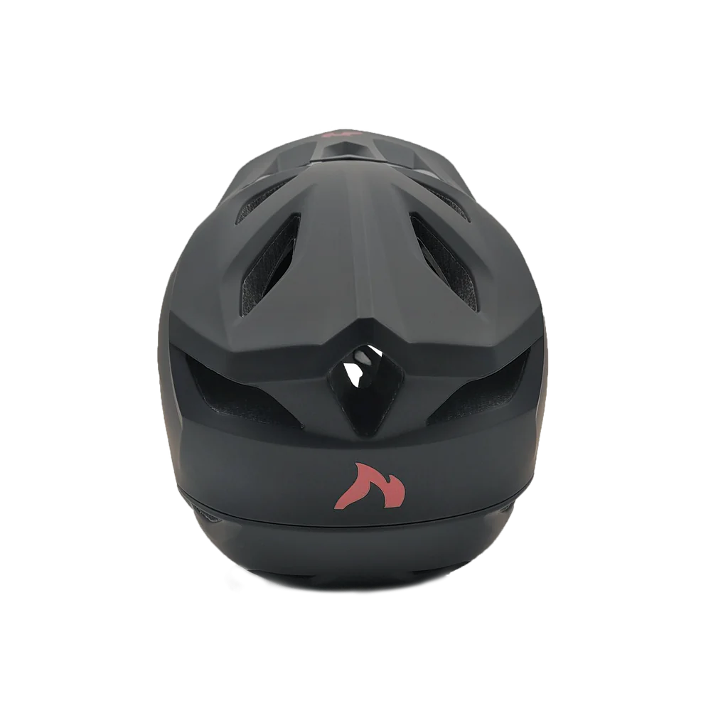 Rear view of matte black Predator RS-X helmet with red logo