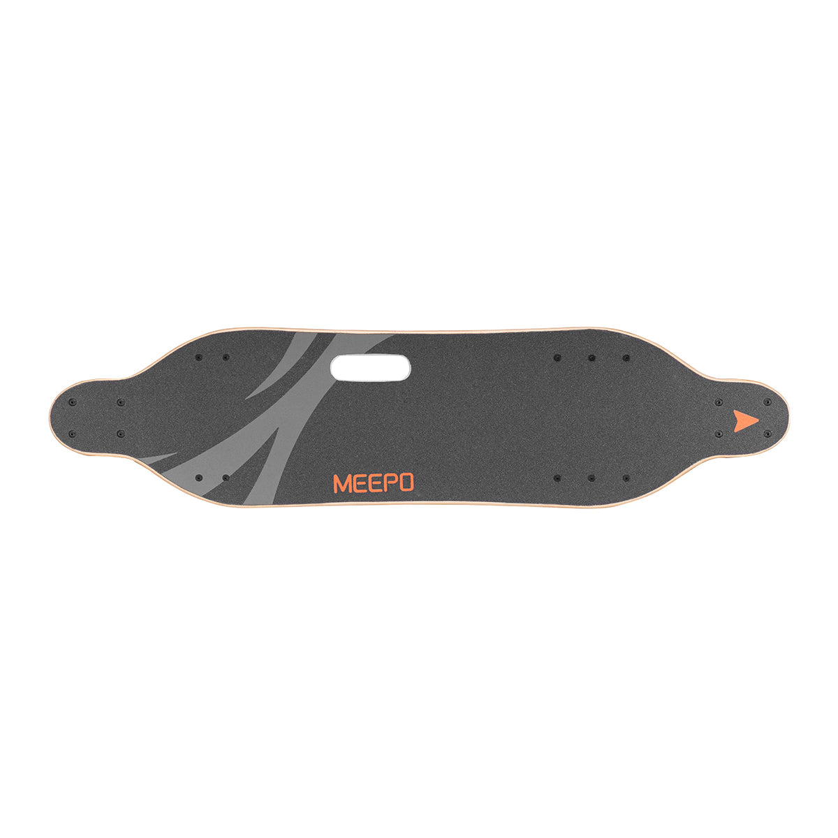 Meepo skateboard deck top view with textured grip and logo.