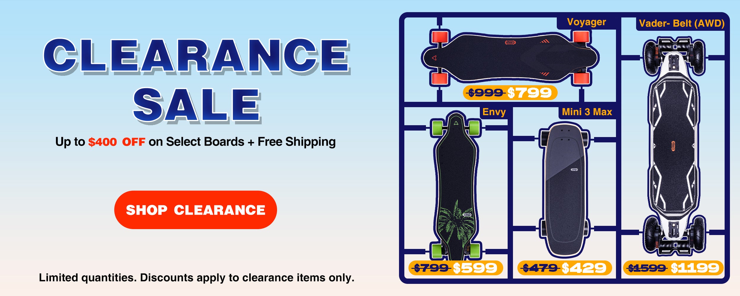 Clearance sale advertisement for skateboards with pricing and promotions on a blue background.