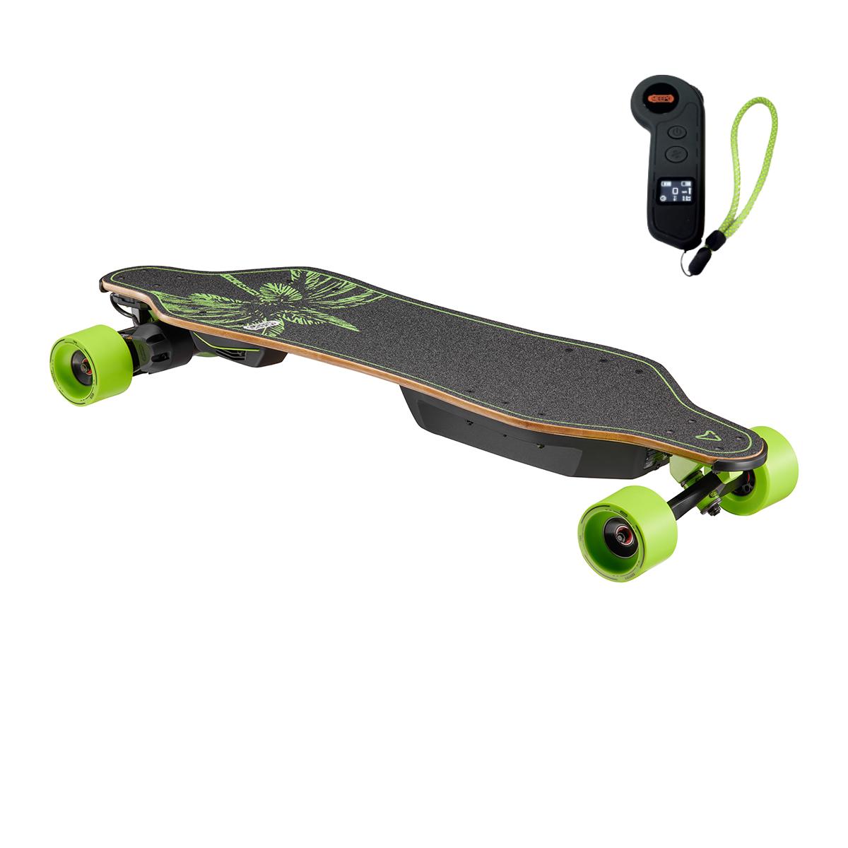 Meepo Envy skateboard featuring vibrant green wheels and remote control
