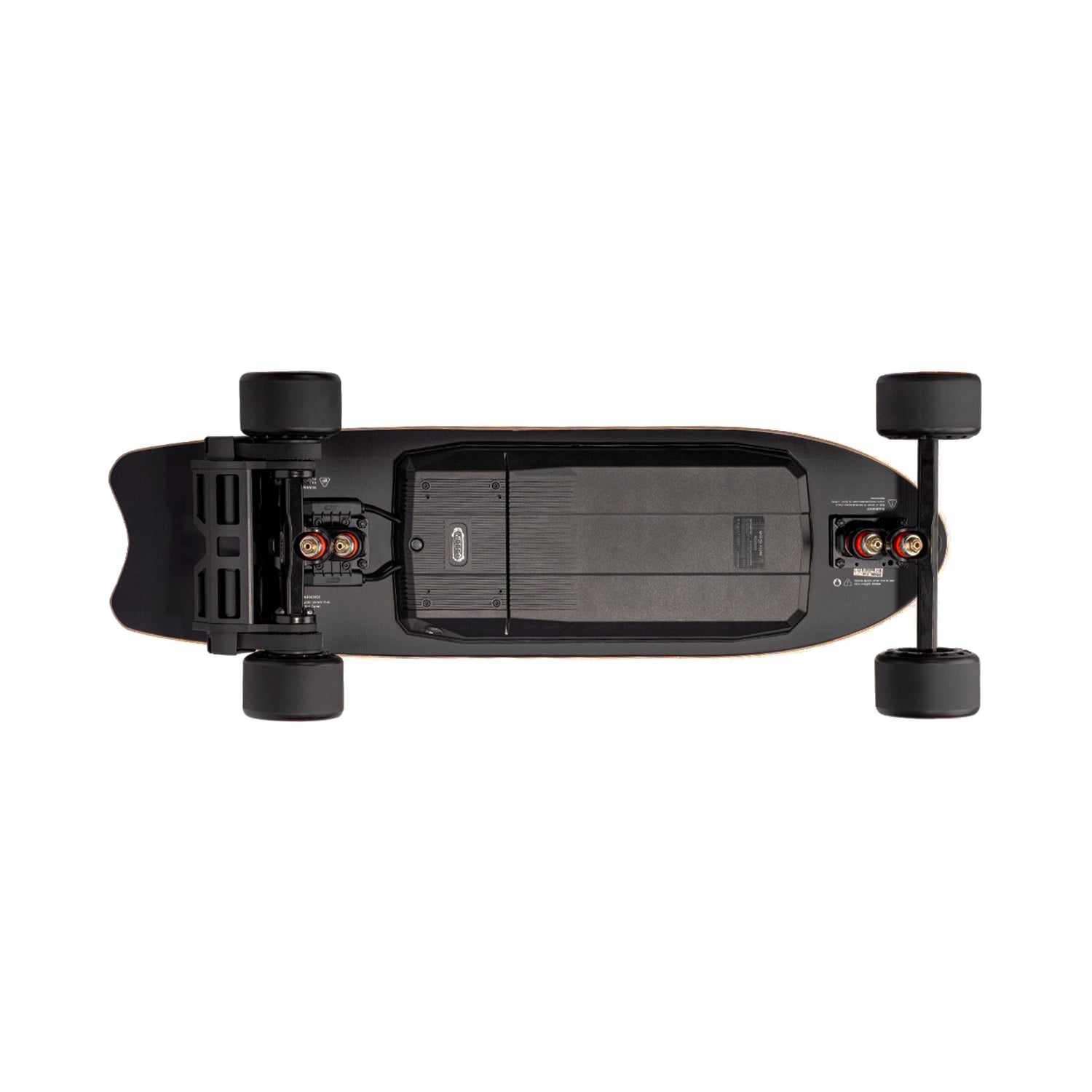 Top view of Meepo Flow skateboard showcasing bamboo deck and black components.