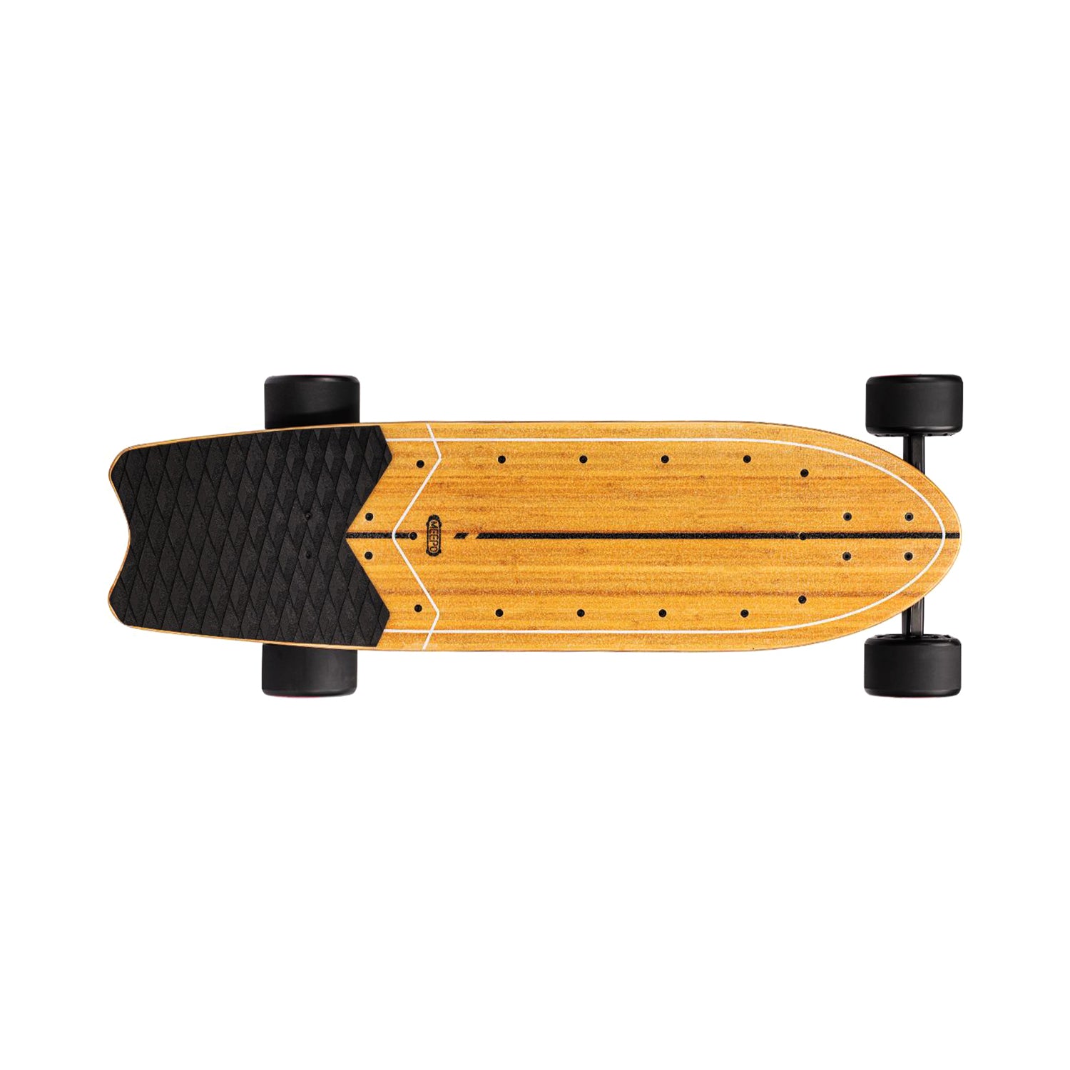 Top view of Meepo Flow skateboard with bamboo deck and sleek black grip