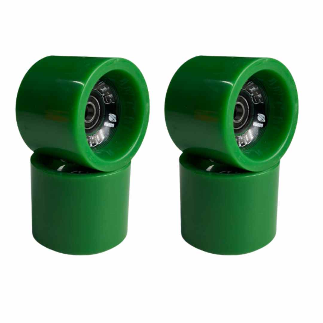 Set of 68mm green skateboard wheels with exposed silver bearings