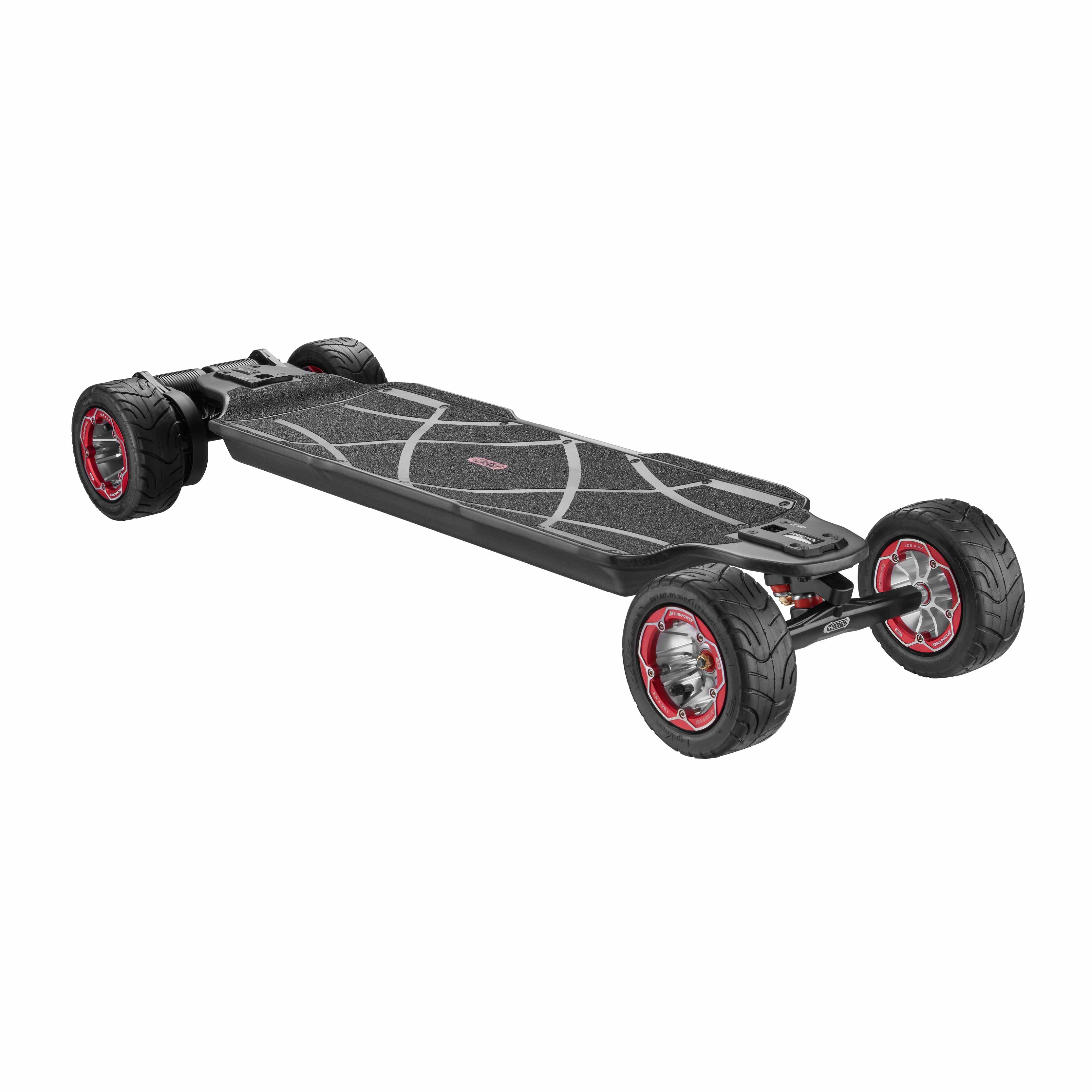 Meepo refurbished electric skateboard with textured deck and rugged wheels.