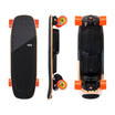 Meepo Edge electric skateboard showcasing its black deck and orange wheels from above