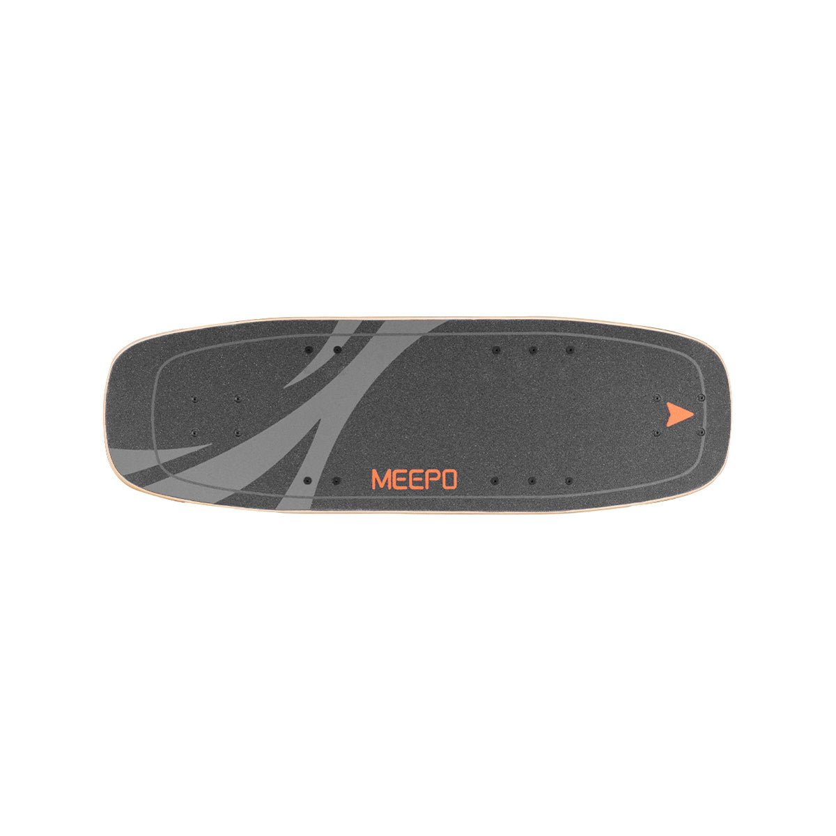 Top view of Meepo skateboard deck with textured grip and orange logo.