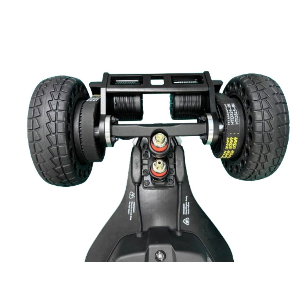 Top view of an electric skateboard with 150mm honeycomb wheels and upgrade components.