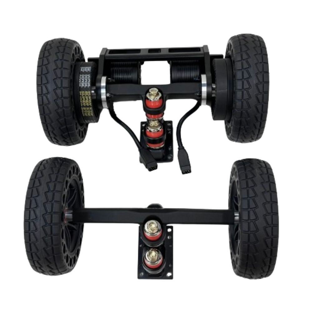 Upgrade kit featuring black honeycomb wheels and sturdy trucks for electric skateboards