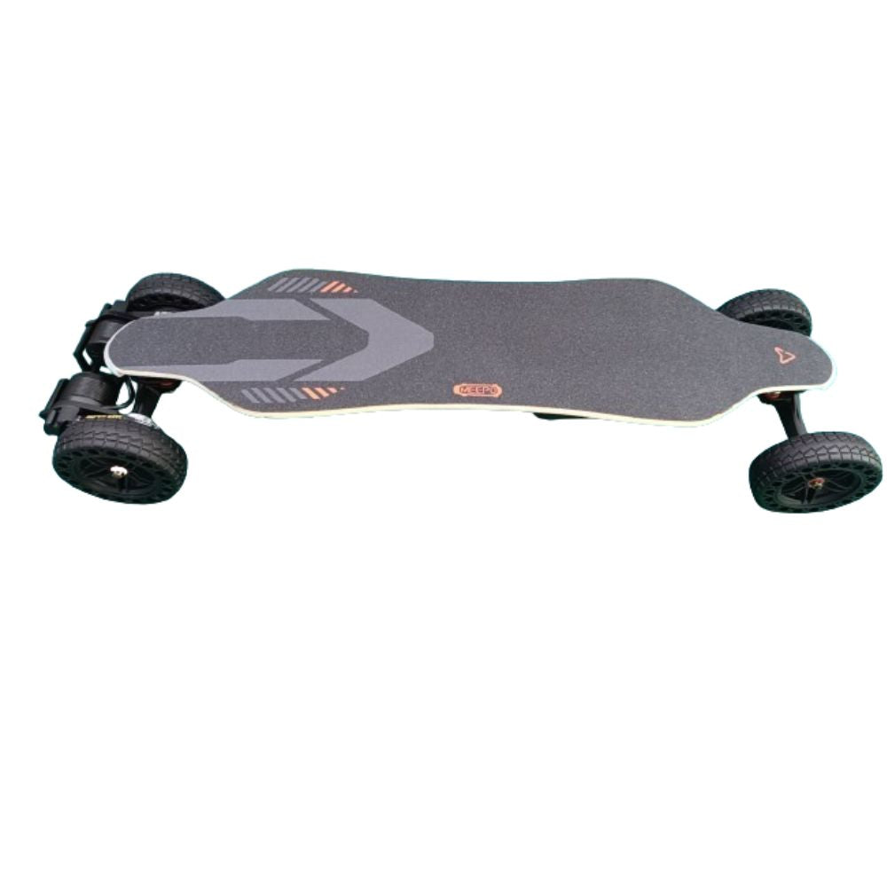 View of DIY electric skateboard with 150mm honeycomb wheels and sturdy deck.