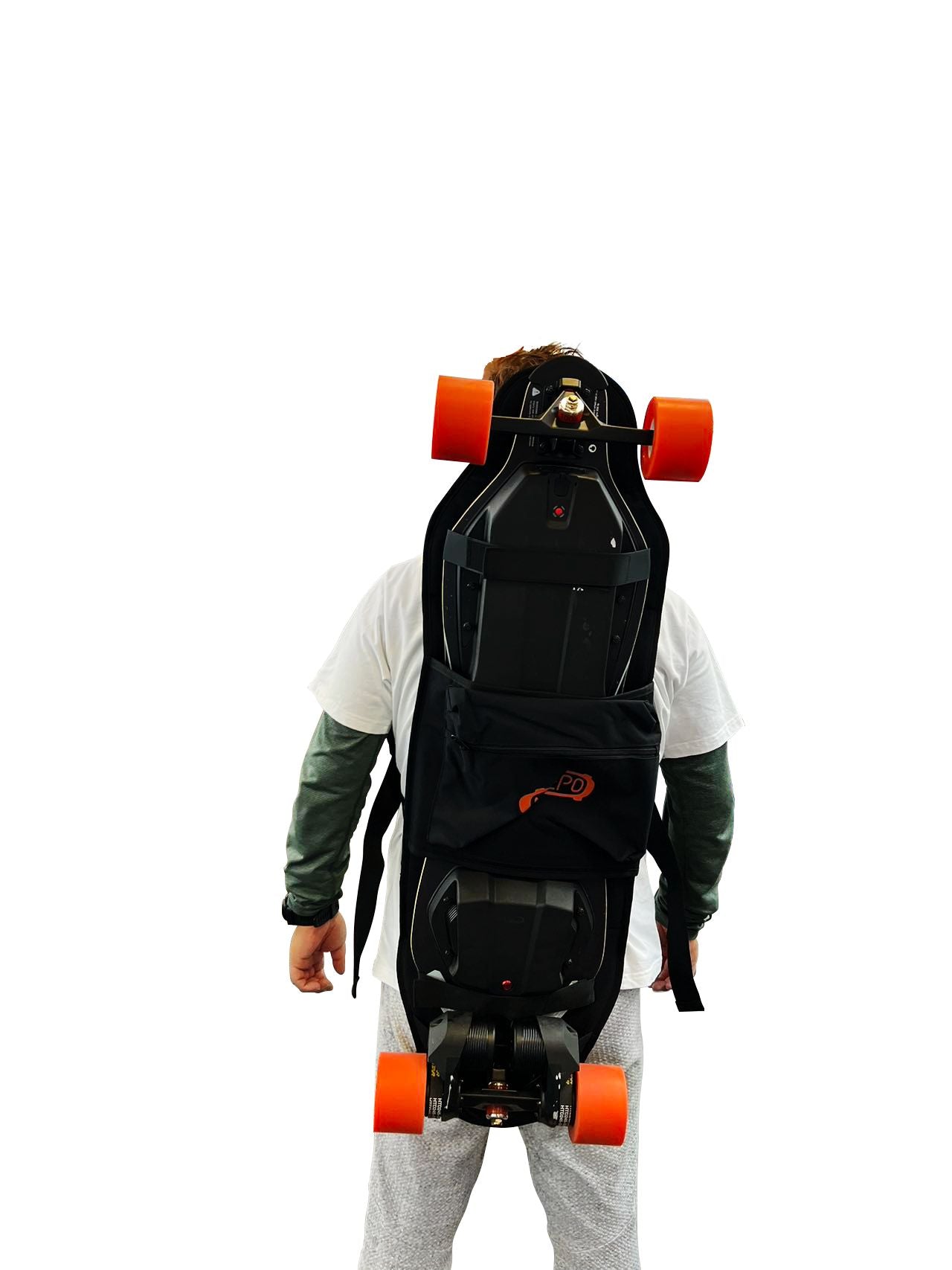 Man with Meepo skateboard strapped to a black backpack for convenient transport.