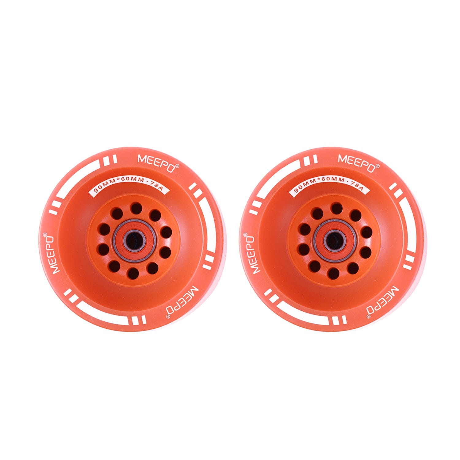 Pair of 90mm orange Meepo street wheels with detailed design for electric skateboards.