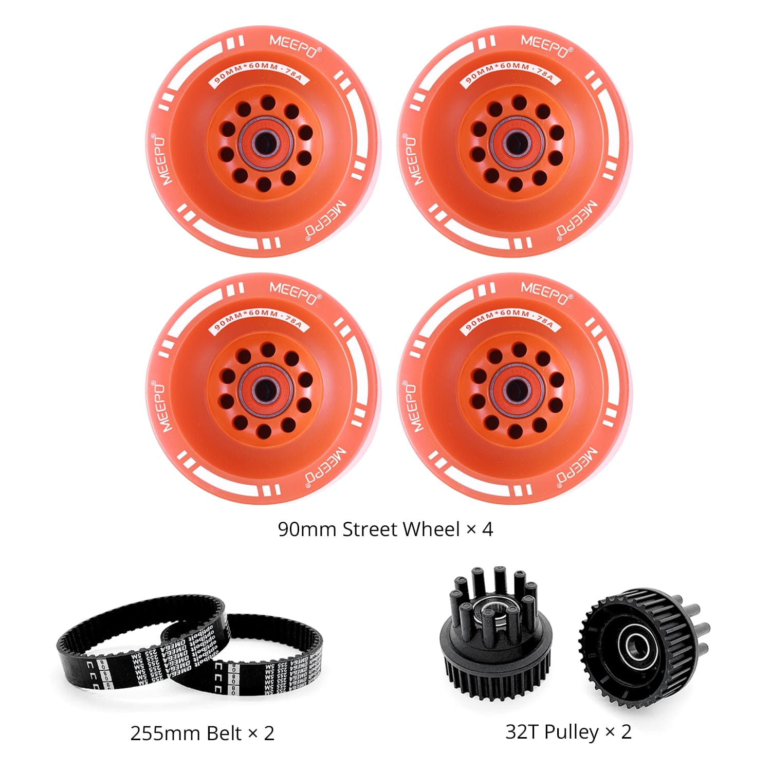 Set of four 90mm Meepo street wheels in orange with two belts and pulleys.