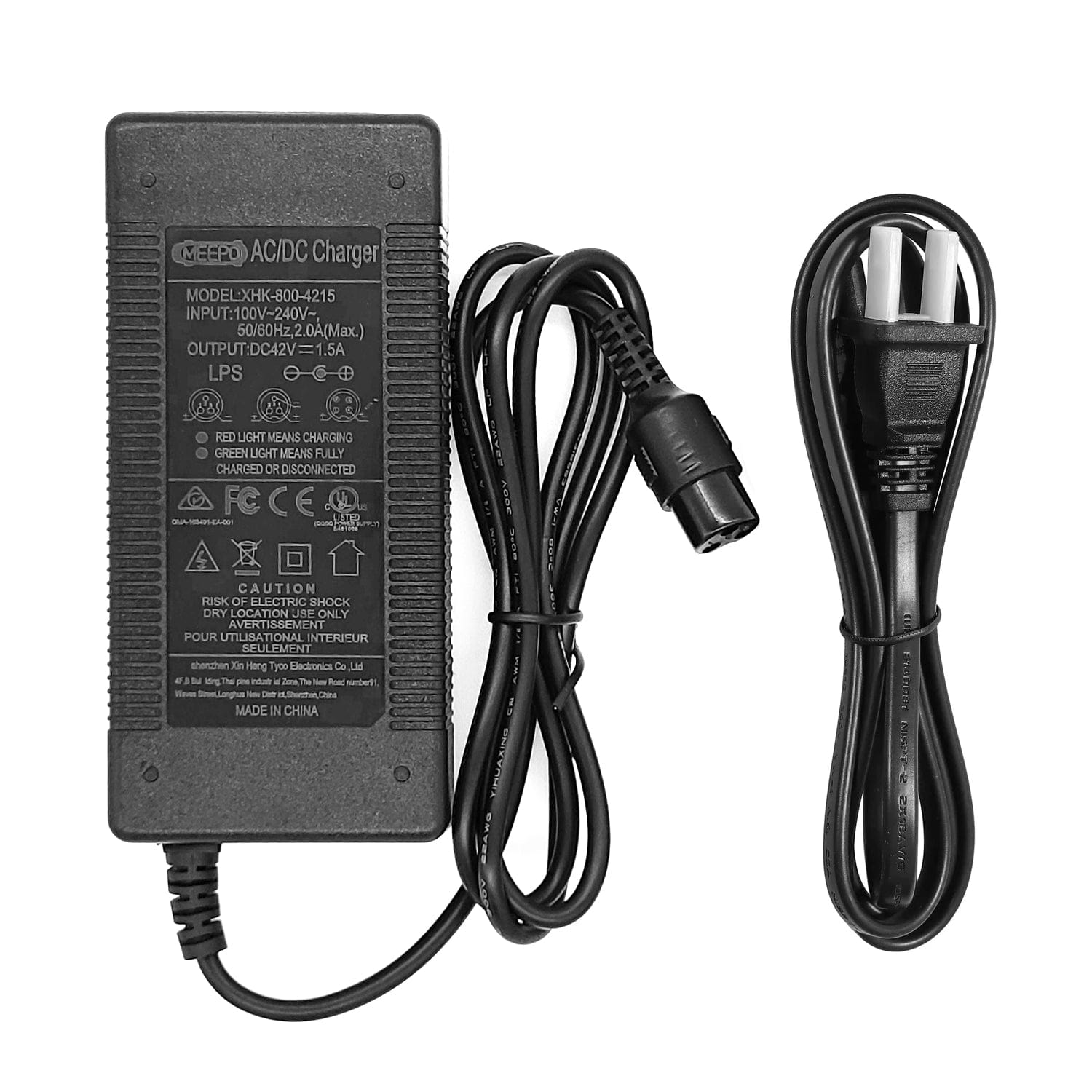 Meepo Shuffle series AC/DC charger with power specifications and cord.