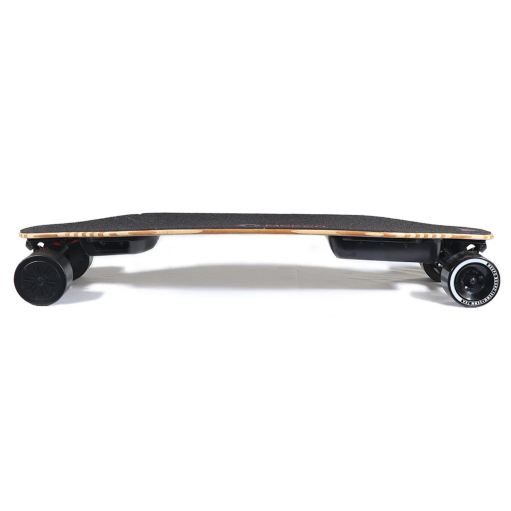 Meepo refurbished electric skateboard side view with textured black deck and durable wheels.