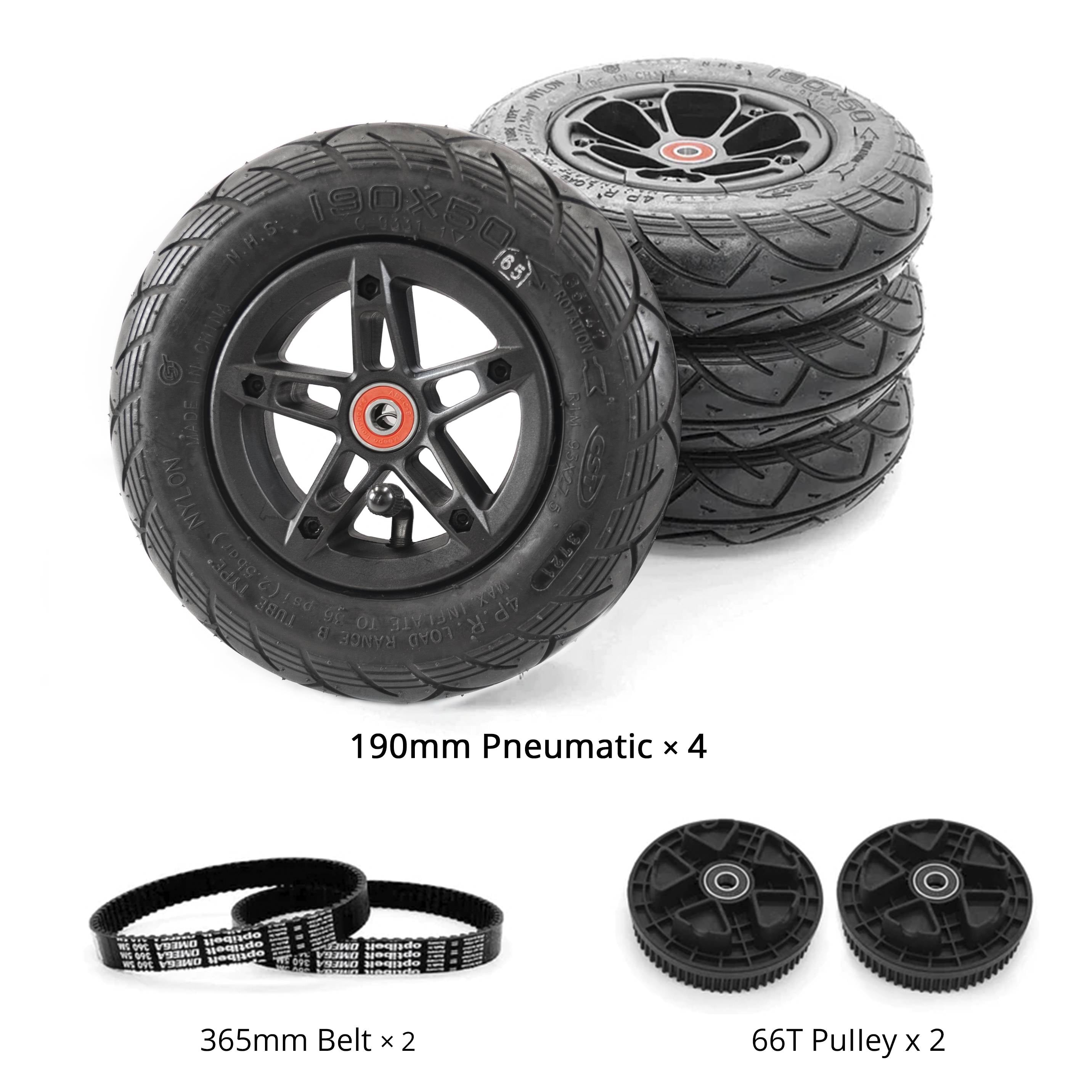 Set of 190mm pneumatic tires, 365mm belts, and 66T pulleys for electric skateboards.