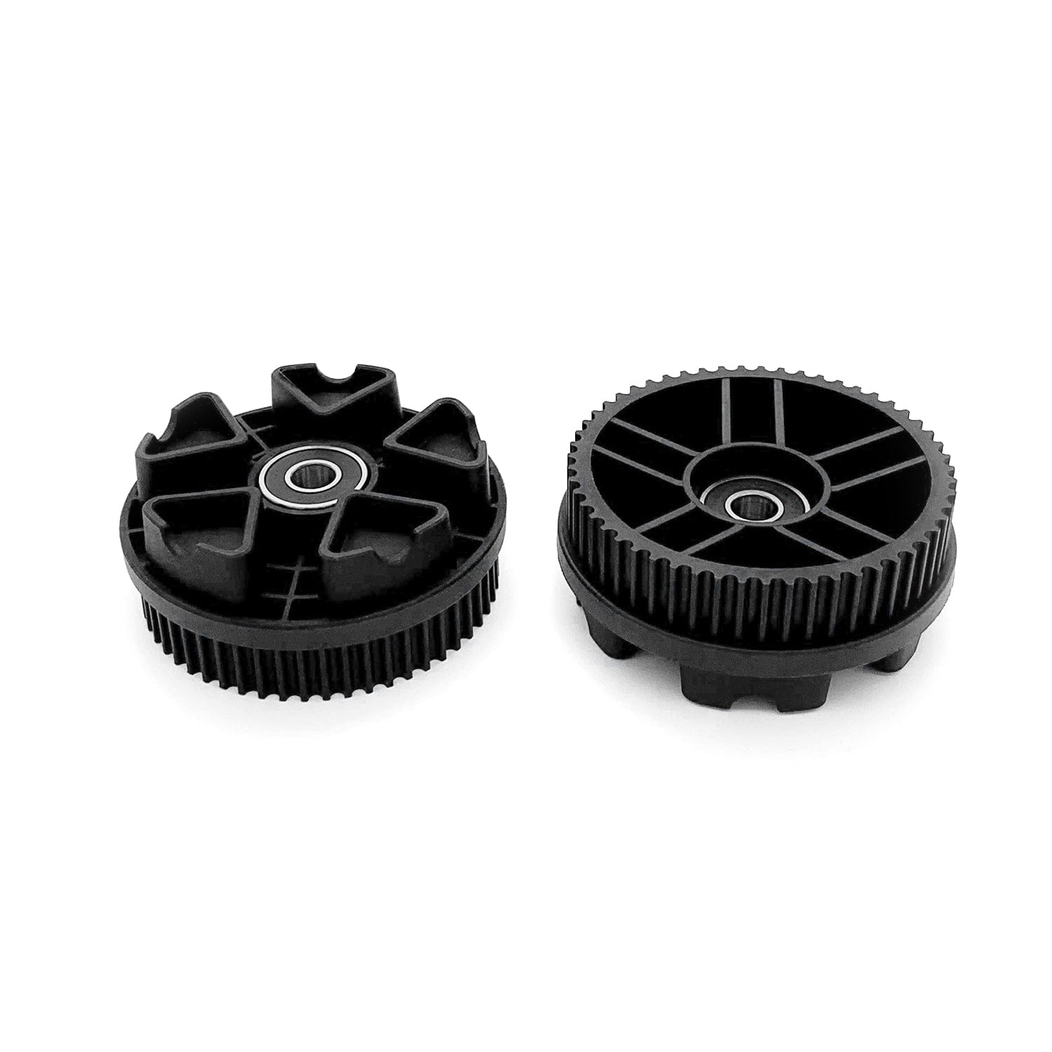 Black wheel pulleys for Meepo skateboards featuring robust design and bearings.