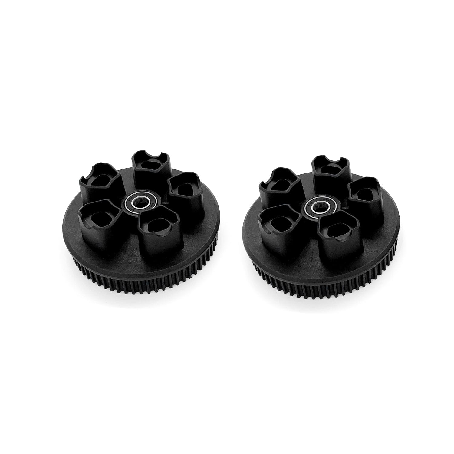 Precision-engineered black wheel pulleys for Meepo electric skateboards.