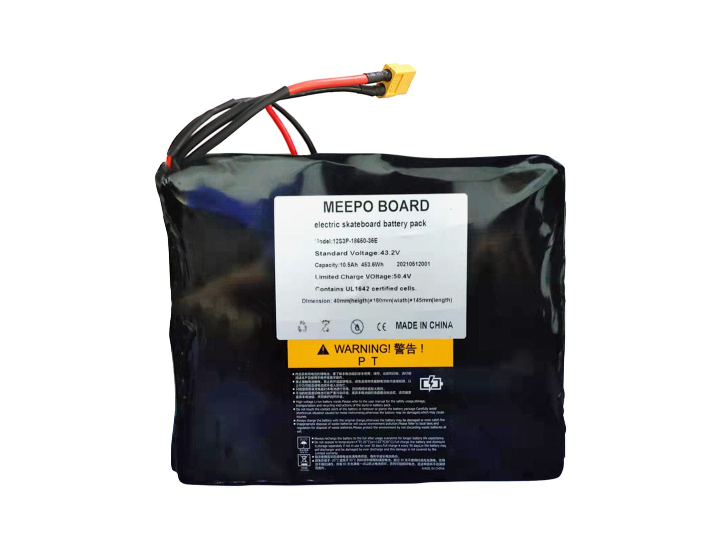 Meepo Board 36E 12S3P electric skateboard battery pack with specifications.