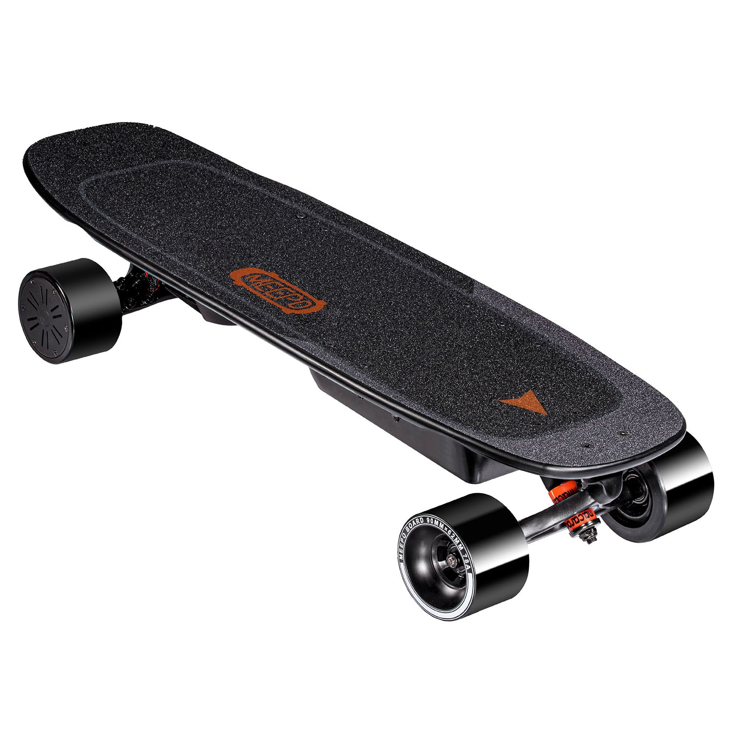 Meepo refurbished electric skateboard with textured black grip deck and large wheels.