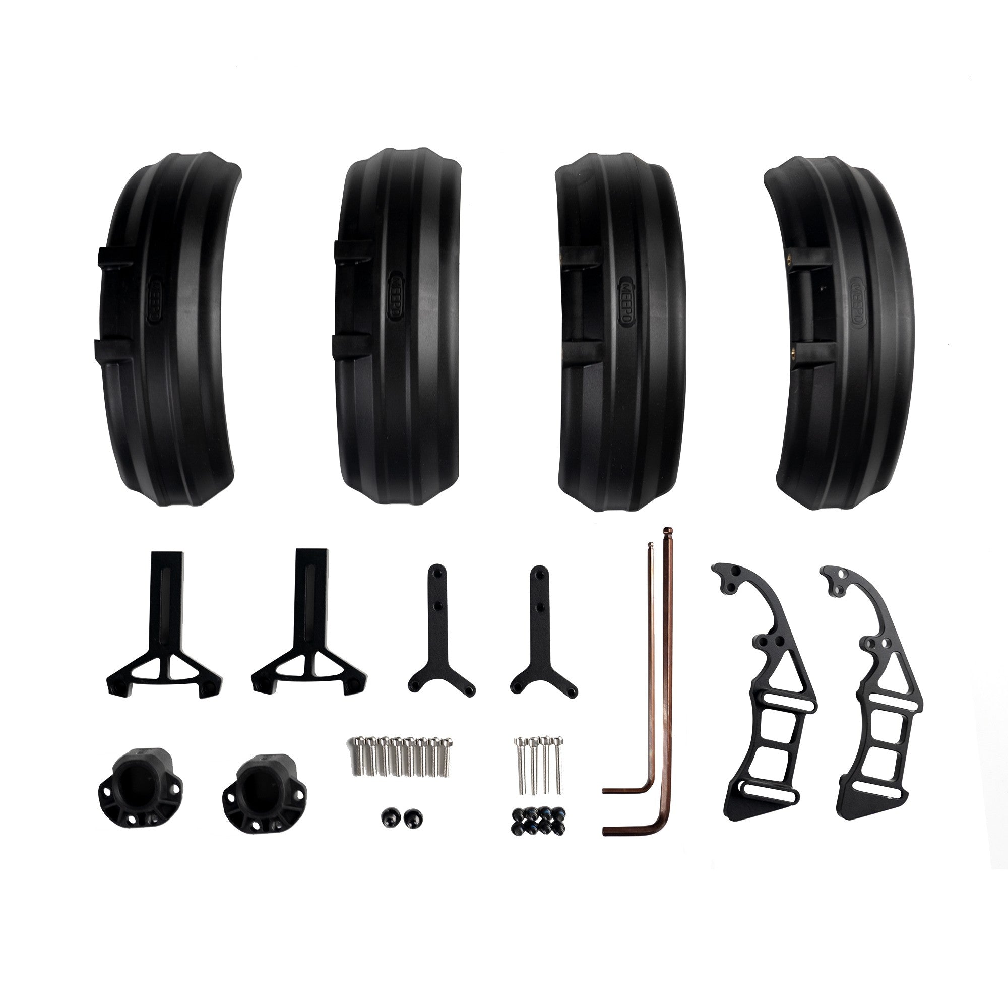 Mud guard components kit with brackets and installation tools for electric skateboards.