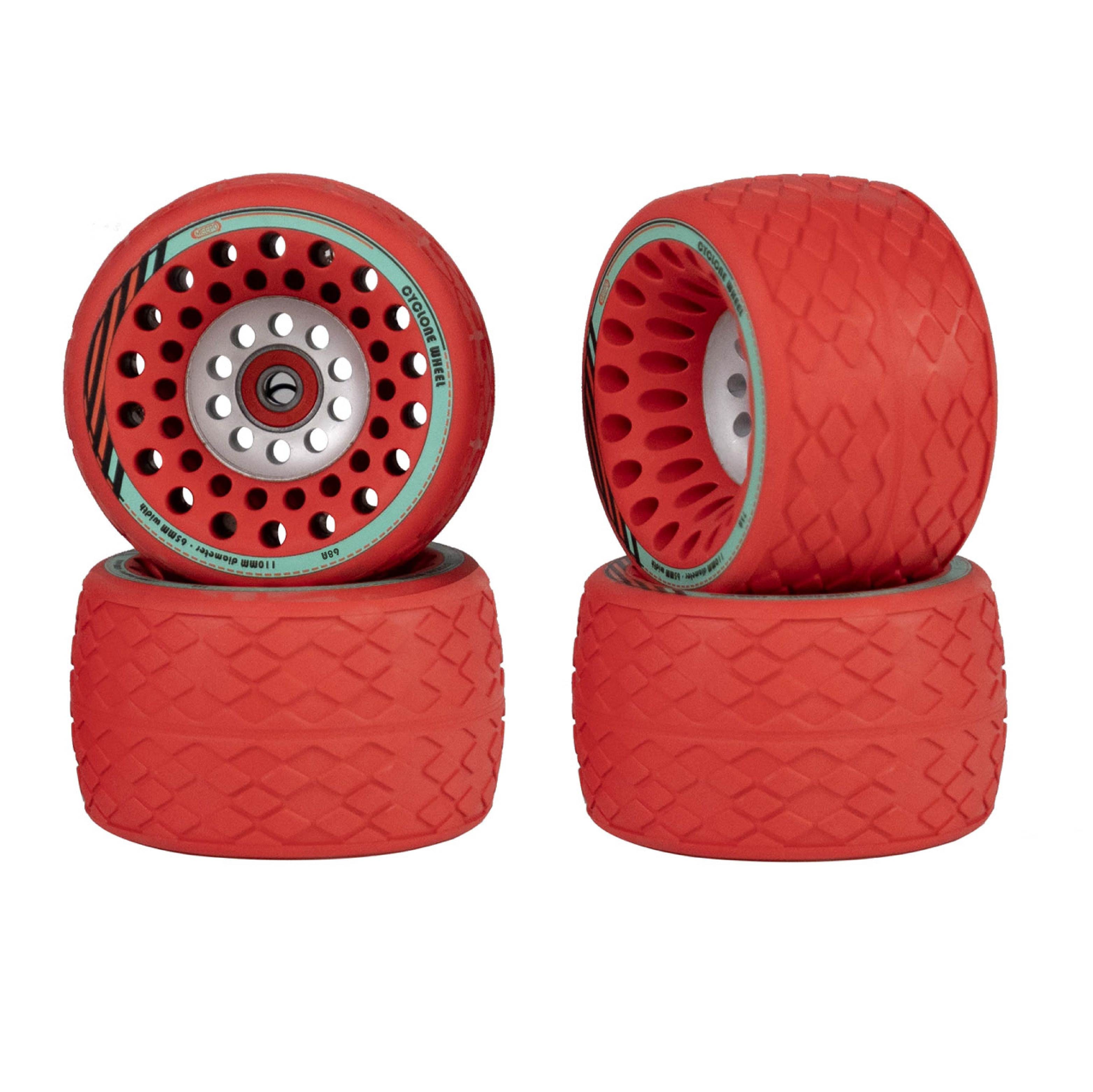 Meepo Cyclone 110s red rubber wheels with high grip tread design and central bearing.