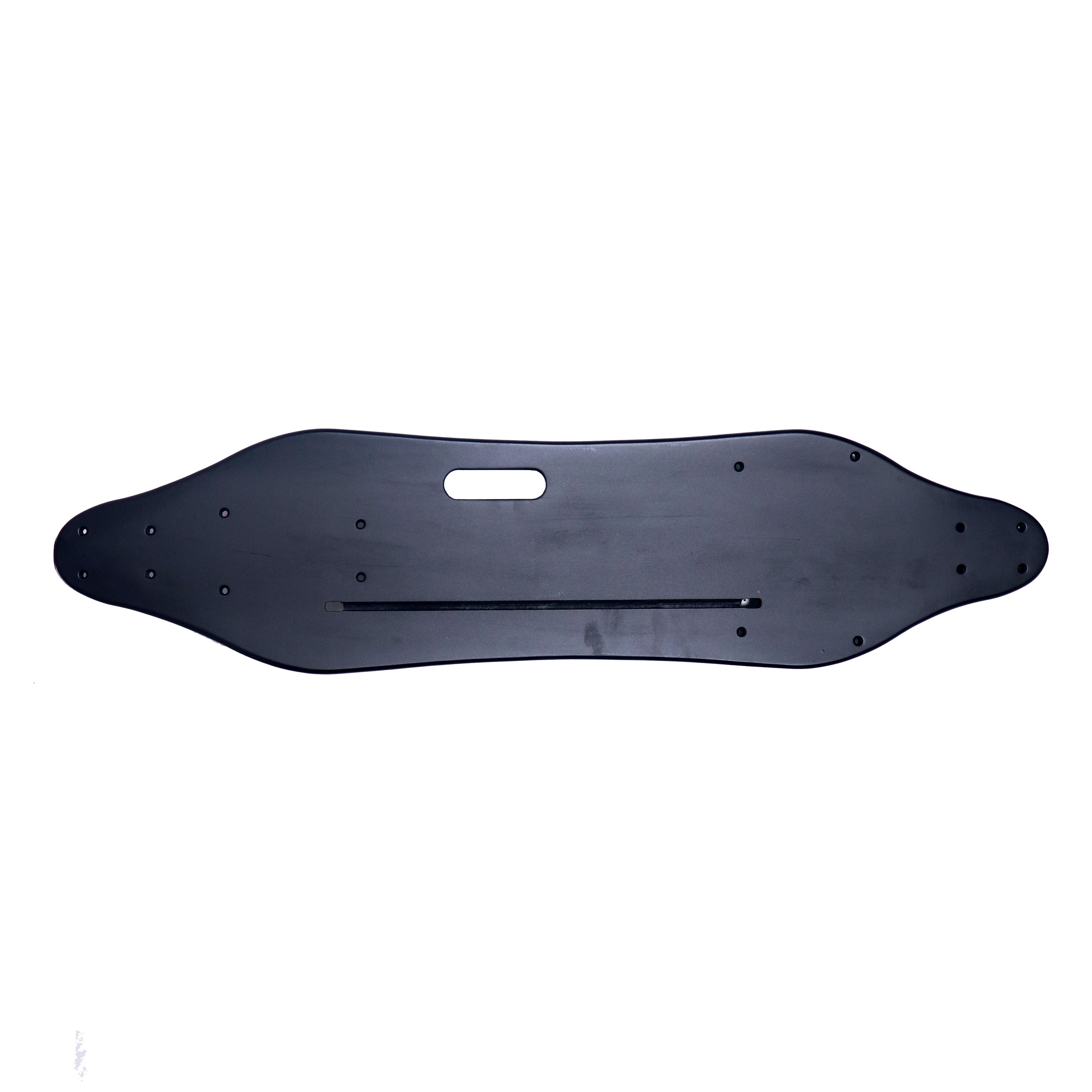 Sleek black electric skateboard deck with minimalist design and grip tape