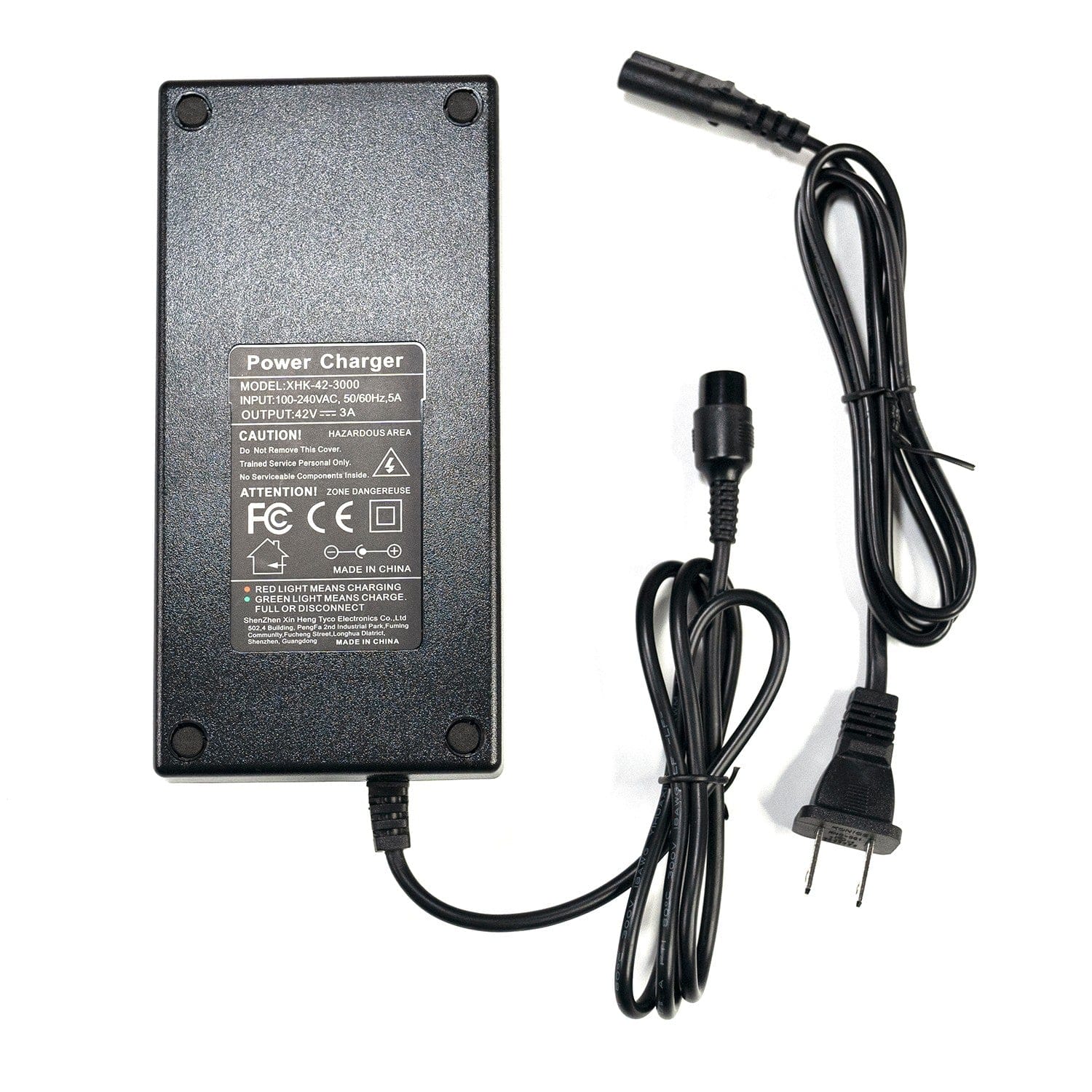 3A charger for Meepo electric skateboards with power cord and specifications.