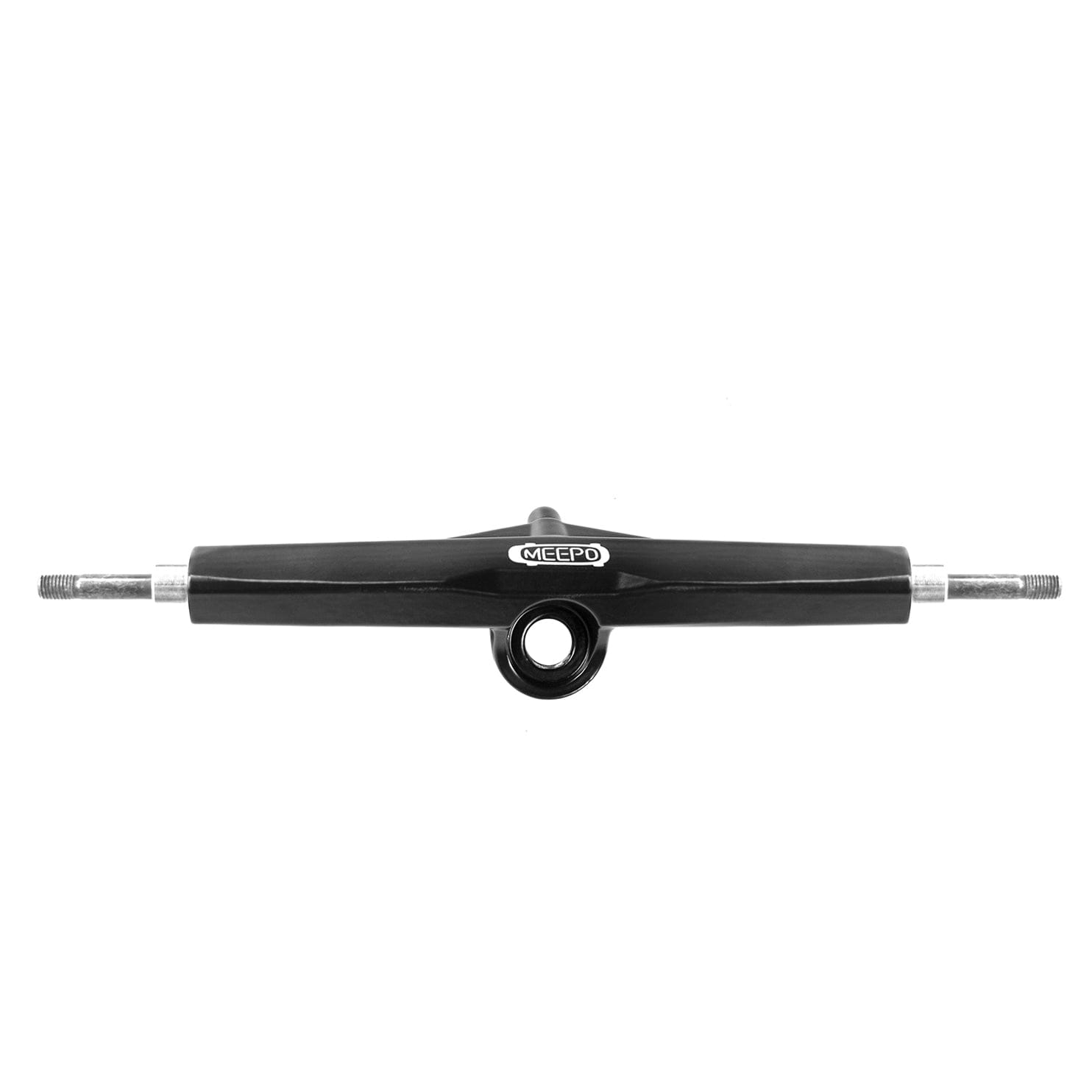 Black Meepo skateboard truck with dual axles and central mount for easy installation
